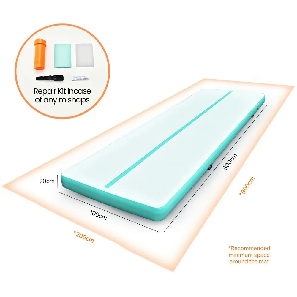 Proflex 800x100x20cm Inflatable Air Track Mat Tumbling Gymnastics, Mint Green & Grey (No Pump)