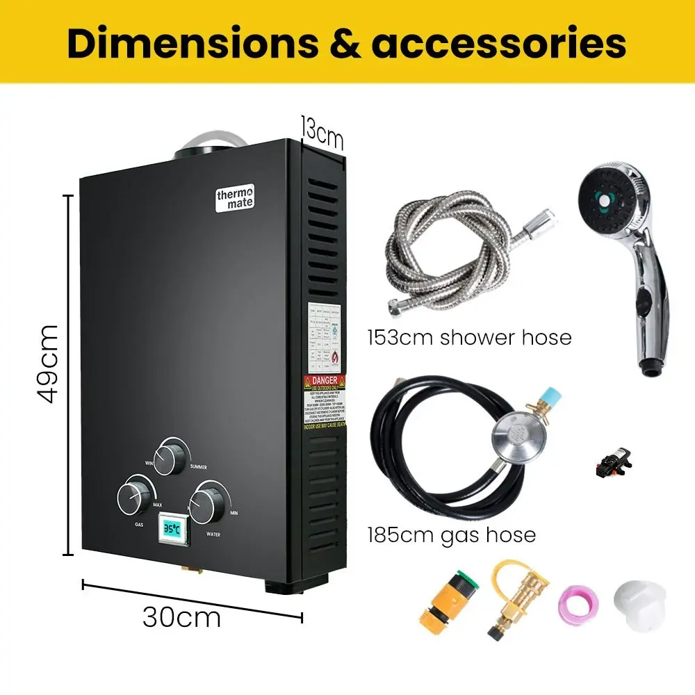 Thermomate Portable Gas Outdoor Camping Hot Water Heater System, with 12V Pump, Shower Head, Black