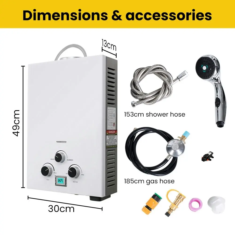 Thermomate Portable Gas Outdoor Camping Hot Water Heater System, with 12V Pump, Shower Head, White