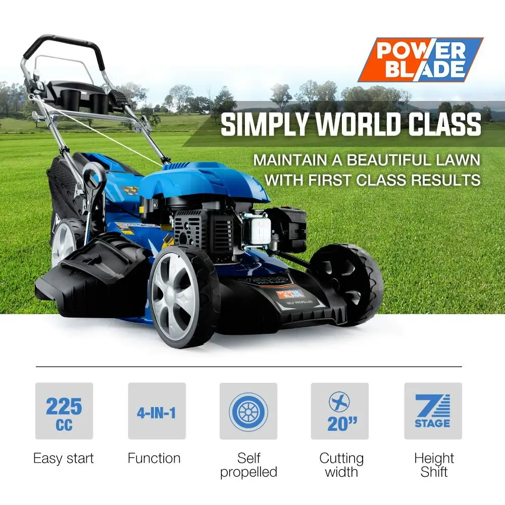 PowerBlade 225cc Lawn Mower 4-Stroke 20 Inch Petrol Lawnmower 4-in-1 Self-Propelled Push