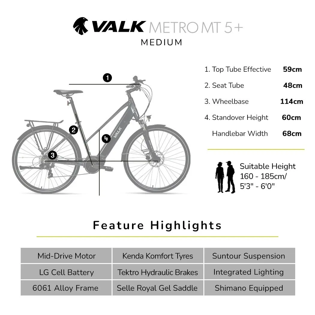 Valk Metro MT 5 + Electric Hybrid Bike, Mid-Drive, Mixte Frame, Medium, Dark Grey