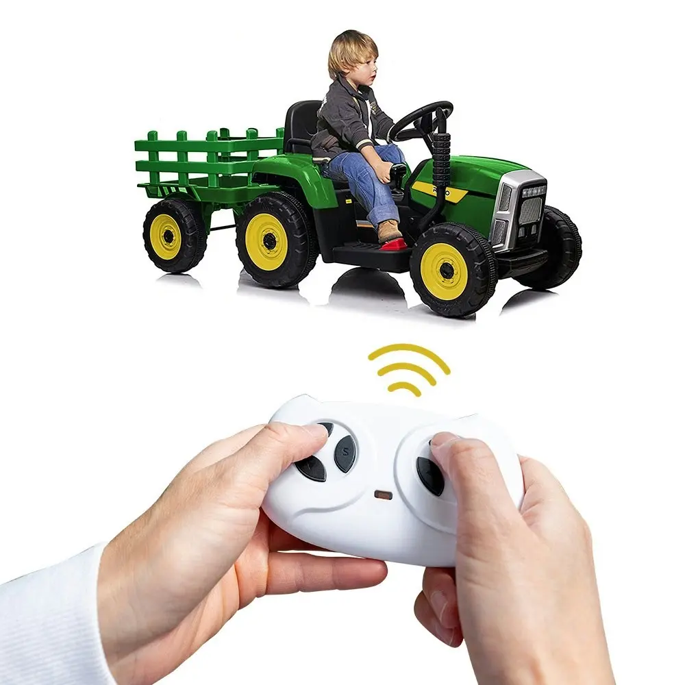 Rovo Kids Electric Ride On Toy Tractor and Trailer Children's Car Remote Control - Green and Yellow