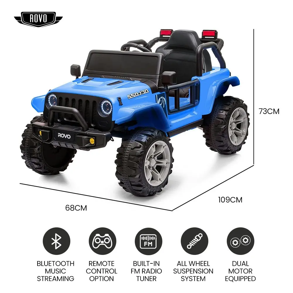 Rovo Kids Jeep Inspired Electric Ride On Toy Car, with Parental Remote Control, Bluetooth Music, Blue