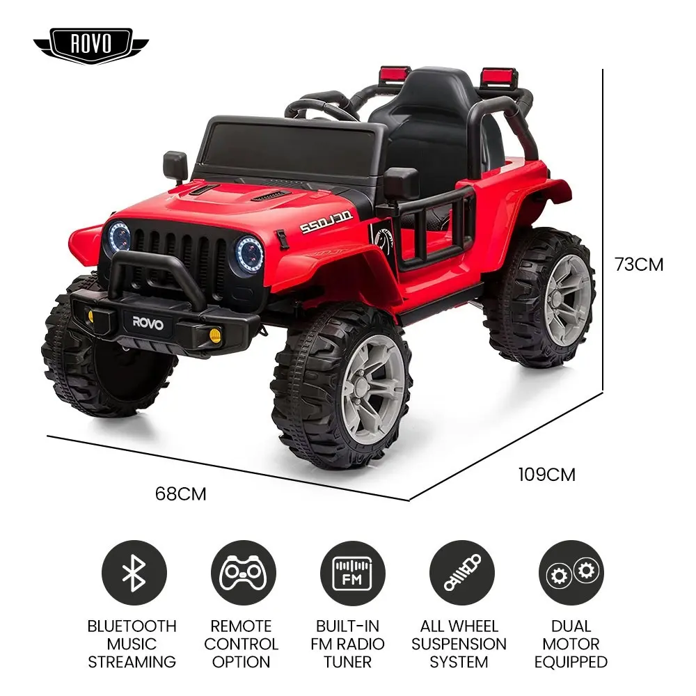 Rovo Kids Jeep Inspired Electric Ride On Toy Car, with Parental Remote Control, Bluetooth Music, Red