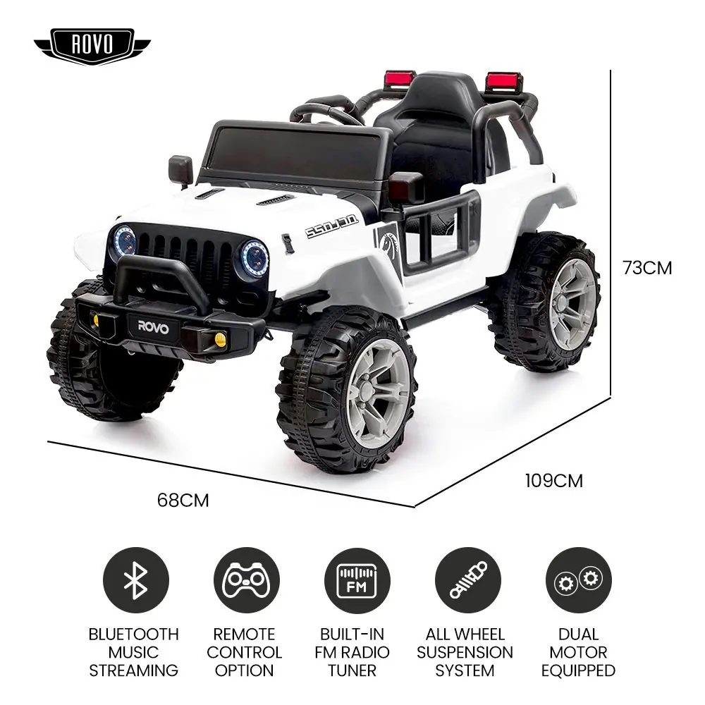 Rovo Kids Jeep Inspired Electric Ride On Toy Car, with Parental Remote Control, Bluetooth Music, White