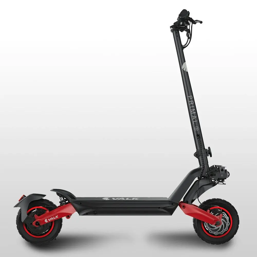 Valk Primal 9 Electric Scooter, 1600W Dual Motor 48V 18Ah Lithium 60km Range 40km/h Quad Shocks 10 inch Tyres, Black/Red