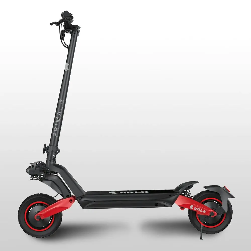 Valk Primal 9 Electric Scooter, 1600W Dual Motor 48V 18Ah Lithium 60km Range 40km/h Quad Shocks 10 inch Tyres, Black/Red