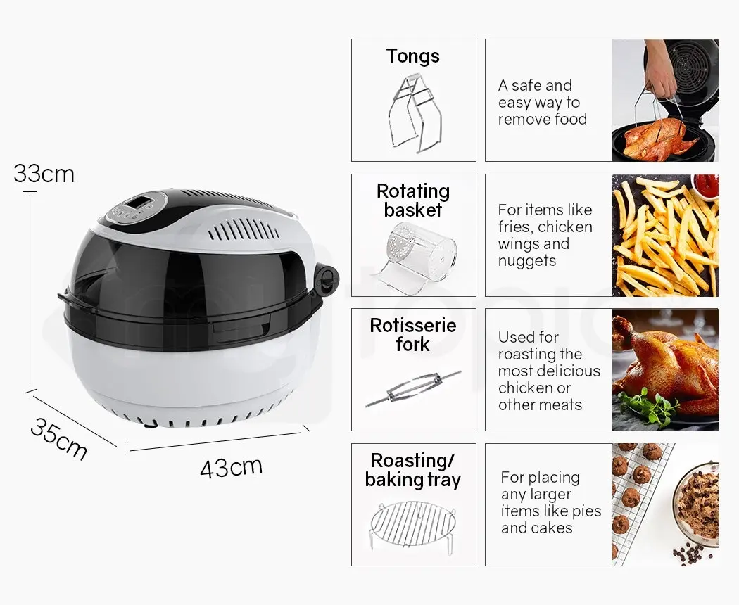 EuroChef 10L Electric Digital Air Fryer with Rotisserie, Rotating Fry Basket, Rack and Tongs, White