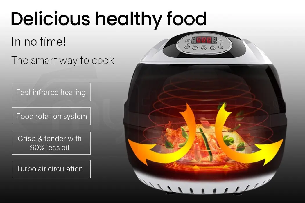 EuroChef 10L Electric Digital Air Fryer with Rotisserie, Rotating Fry Basket, Rack and Tongs, White