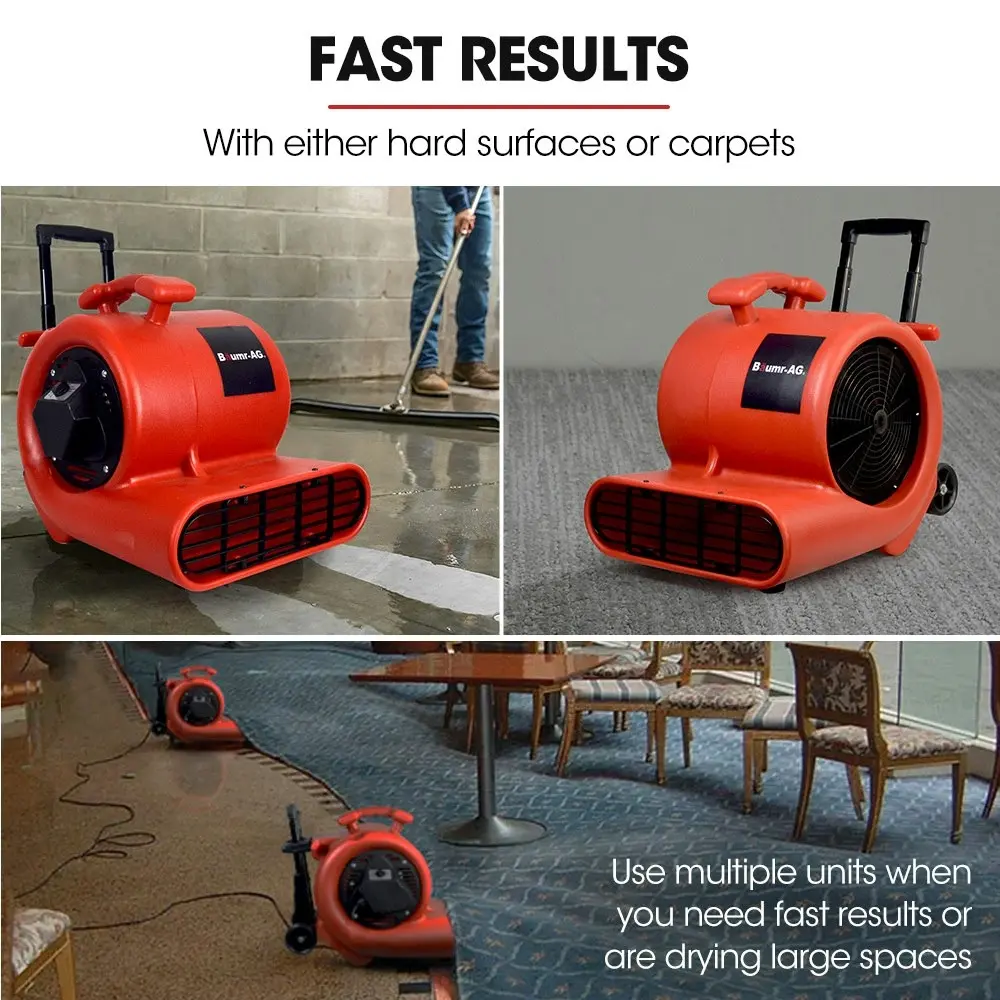 Baumr-AG Carpet Floor Dryer Air Mover Blower Fan, 3-Speed, 1400CFM, Commercial/Home, Telescopic Handle and Wheels