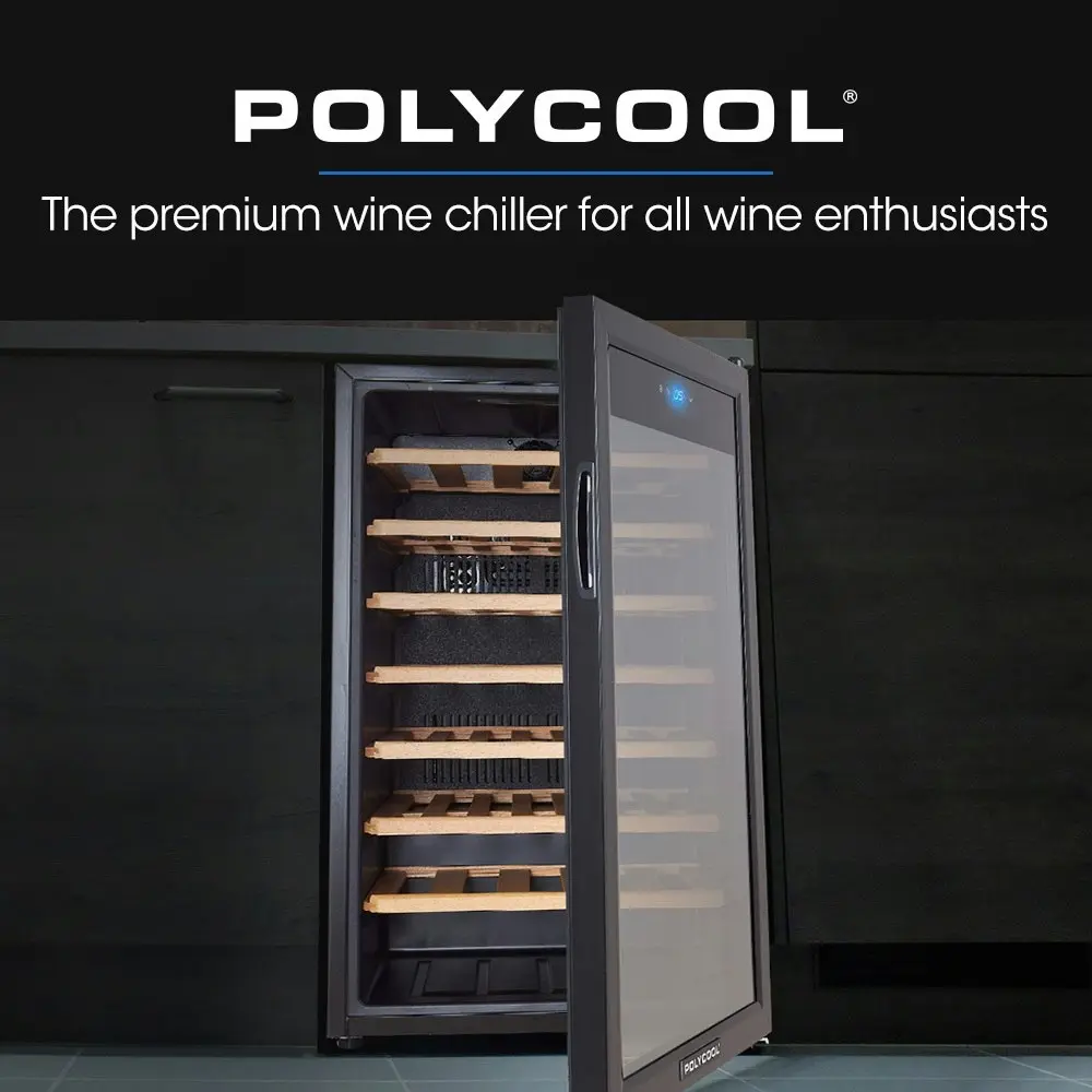 PolyCool 128L 51 Bottle Wine Bar Fridge Underbench Cooler Compressor Glass Door, Black