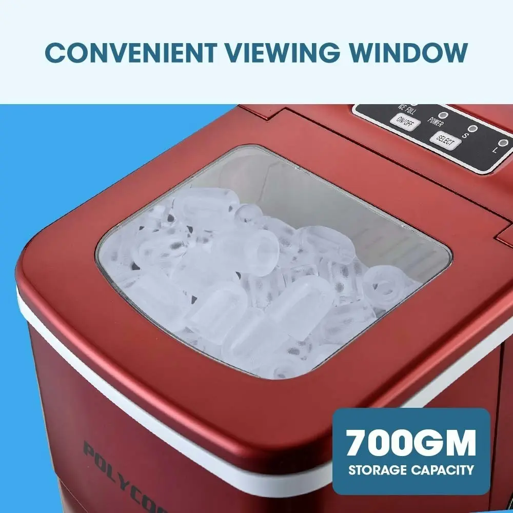 PolyCool 2L Portable Ice Cube Maker Machine Automatic with Control Panel, Red