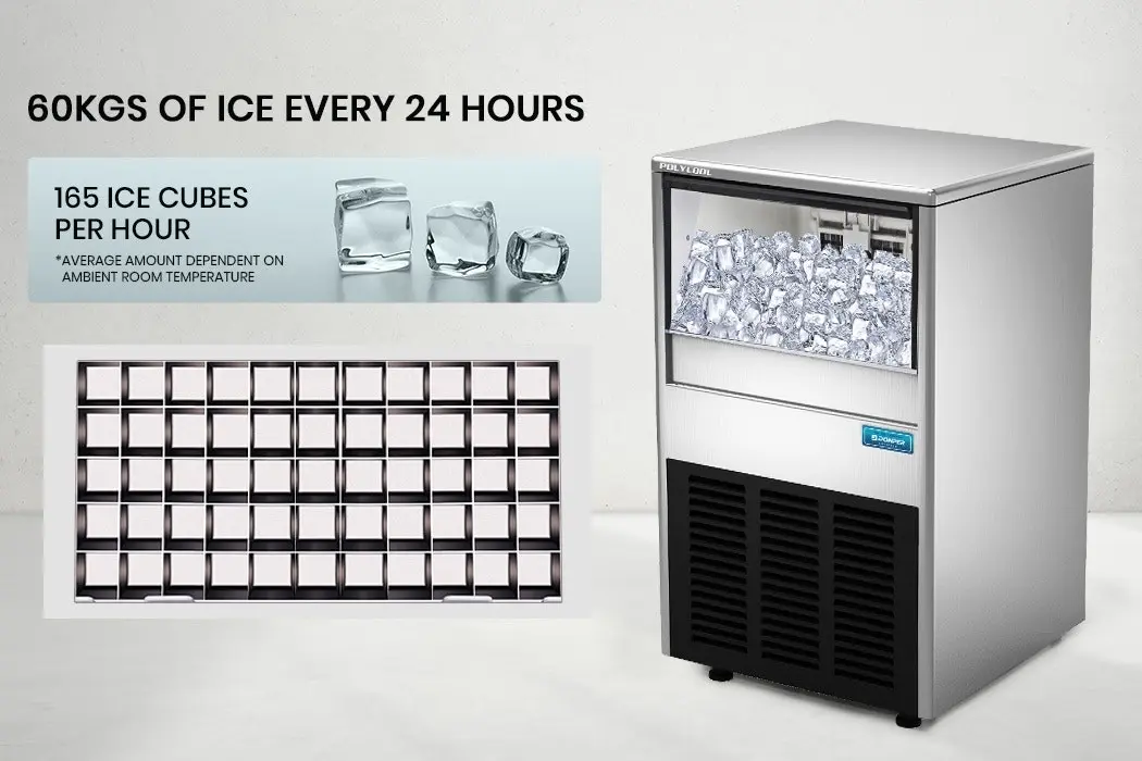 PolyCool Commercial Ice Maker Machine, up to 60kg/24hr, Donper Compressor, Undercounter, Freestanding