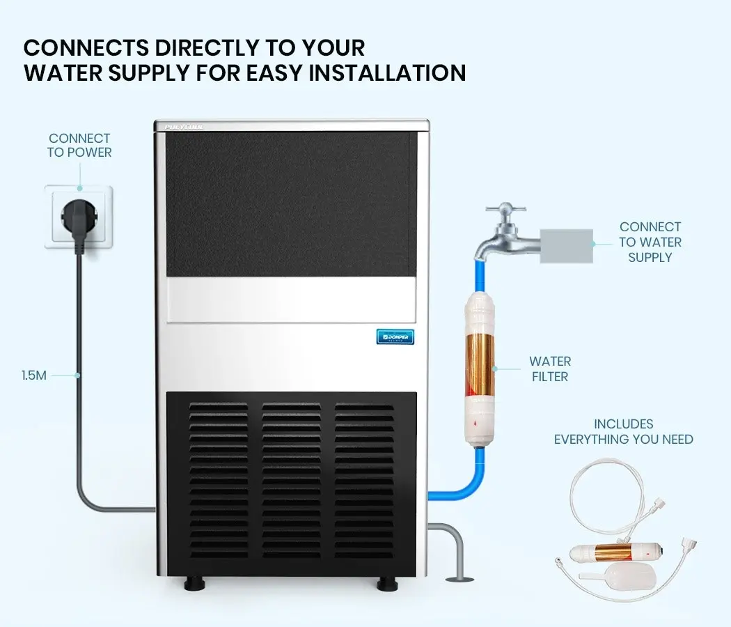 PolyCool 60KG/24H Commercial Automatic Ice Cube Maker, Stainless Steel Machine, Undercounter Design