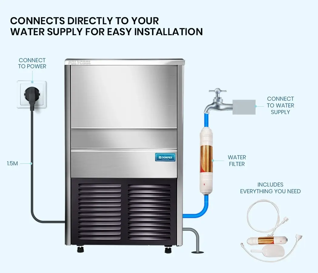 Title: PolyCool Commercial Ice Maker Machine, up to 45kg/24hr, Donper Compressor, Undercounter, Freestanding