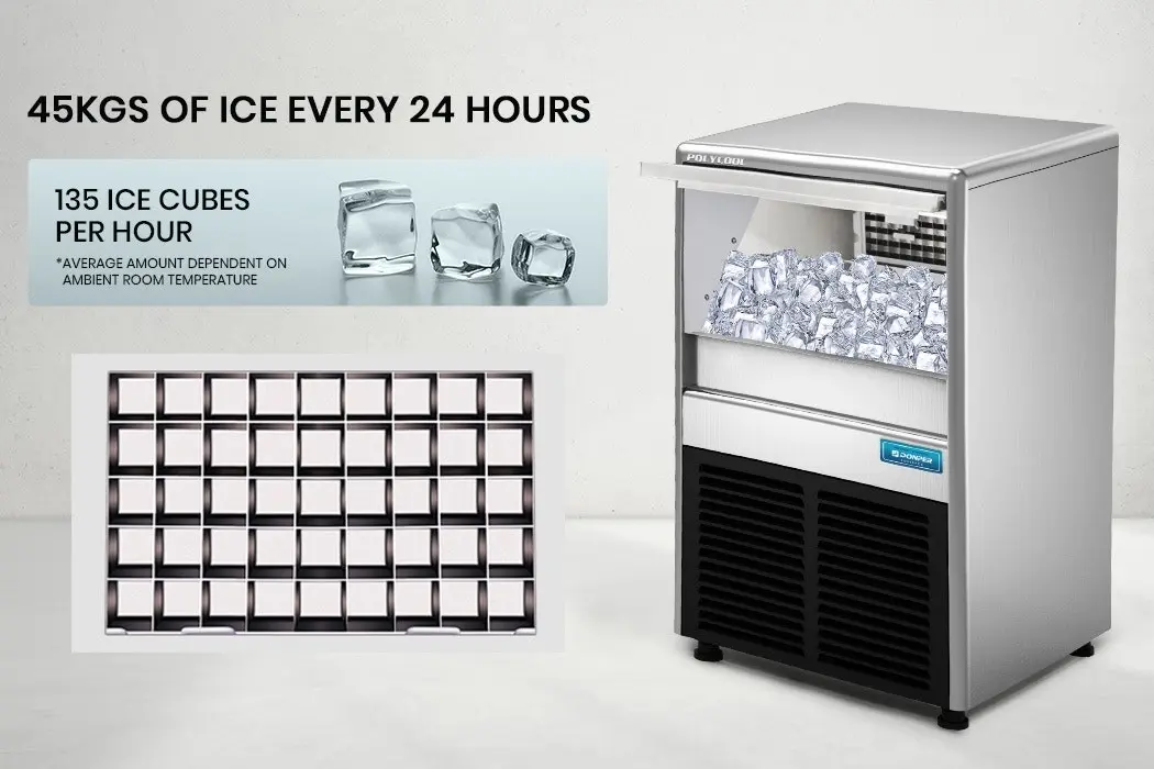 Title: PolyCool Commercial Ice Maker Machine, up to 45kg/24hr, Donper Compressor, Undercounter, Freestanding