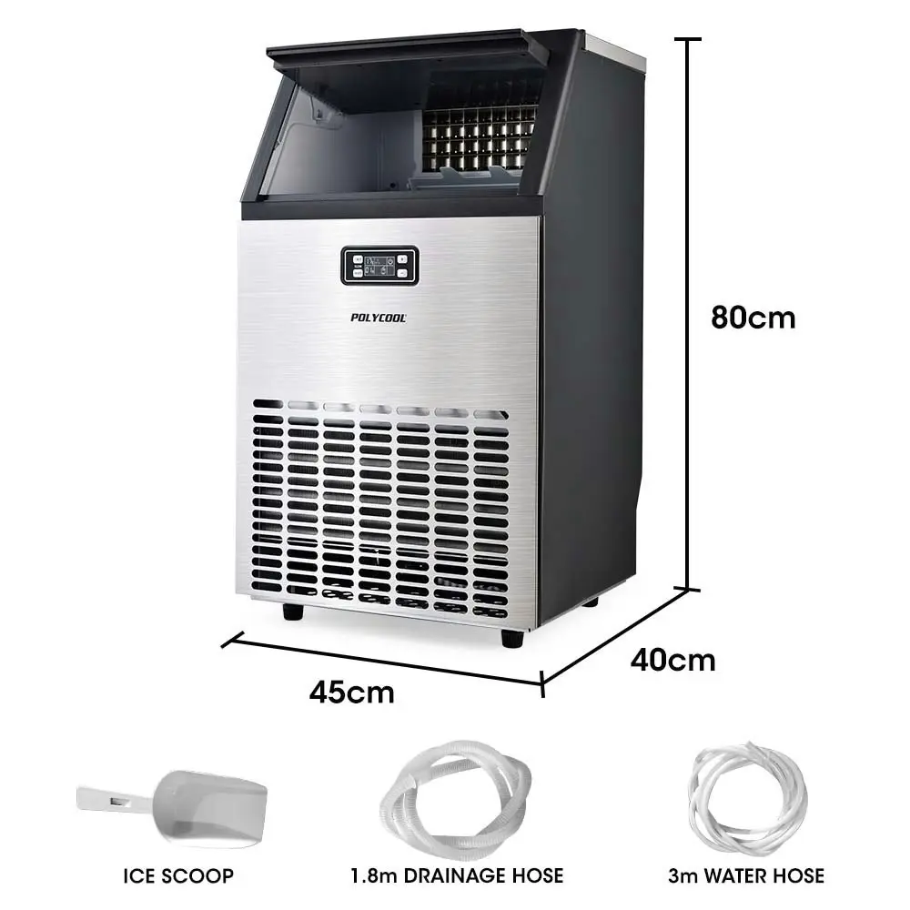 PolyCool Ice Cube Maker 45-65kg Commercial Ice Machine Stainless Steel Automatic with LCD Screen