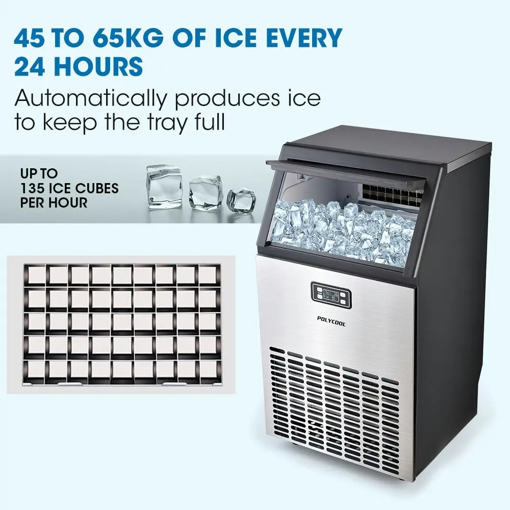 PolyCool Ice Cube Maker 45-65kg Commercial Ice Machine Stainless Steel Automatic with LCD Screen