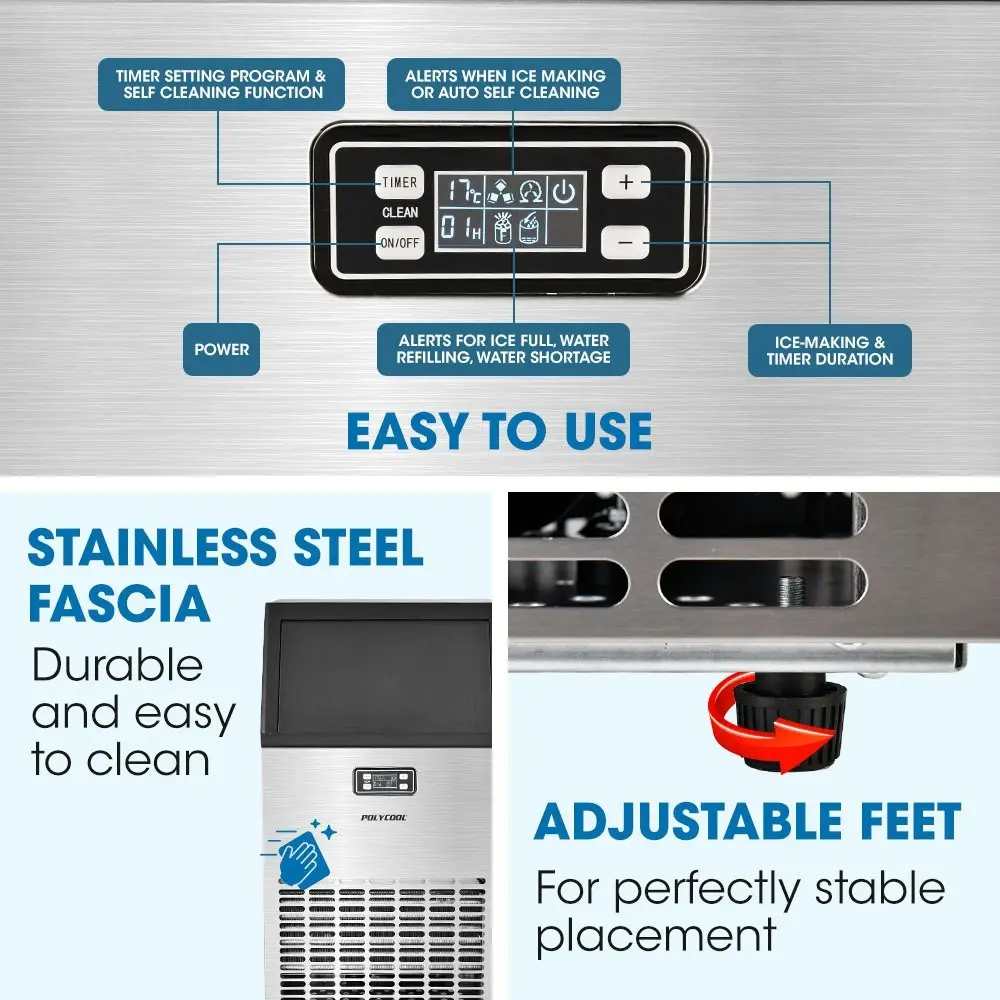 PolyCool Ice Cube Maker 45-65kg Commercial Ice Machine Stainless Steel Automatic with LCD Screen