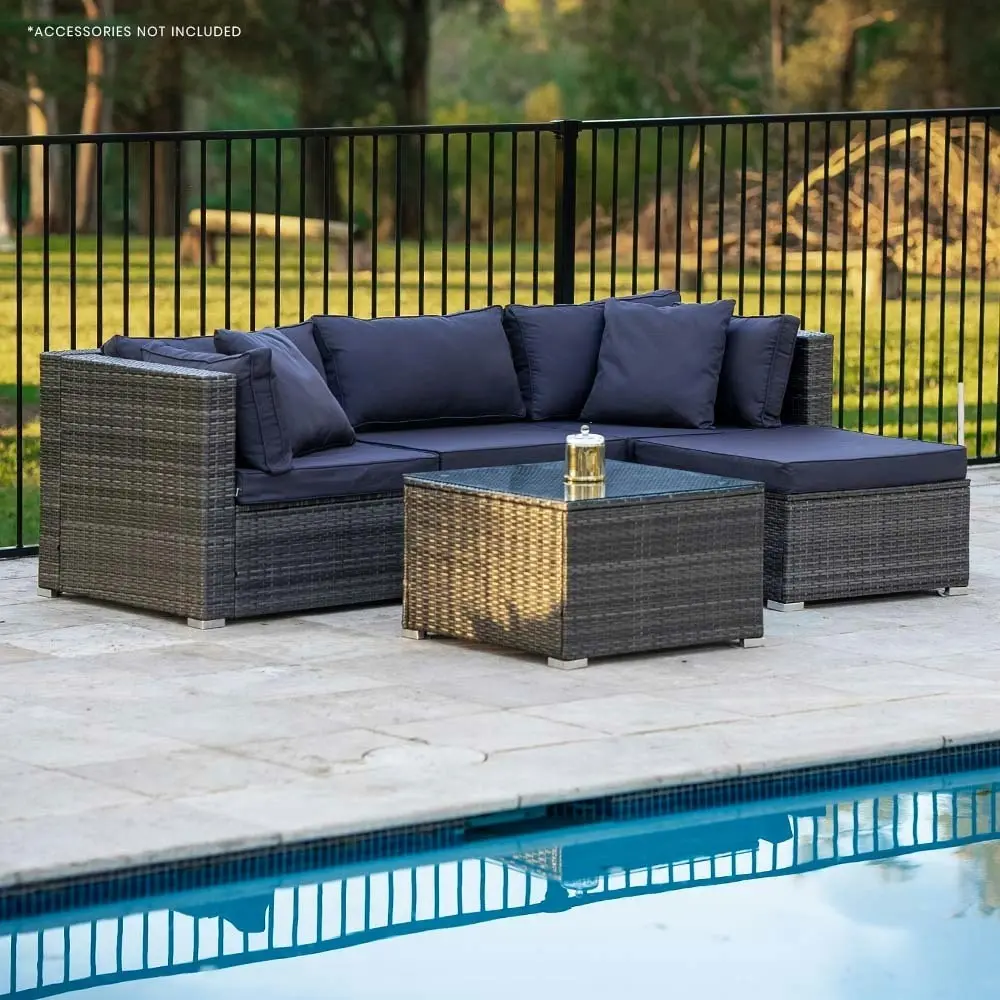 London Rattan 4 Seater Modular Outdoor Lounge Setting with Coffee Table, Ottoman, Grey