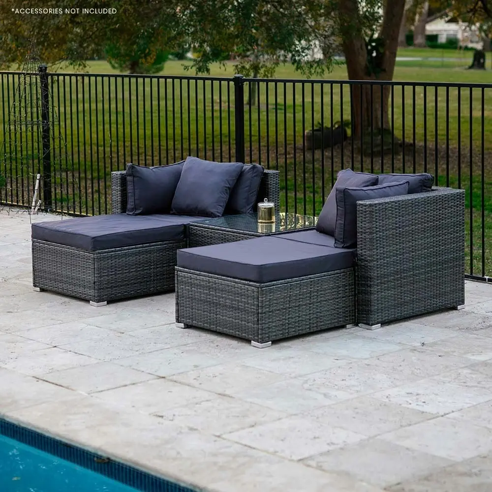 London Rattan 4 Seater Modular Outdoor Lounge Setting with Coffee Table, Ottomans, Grey