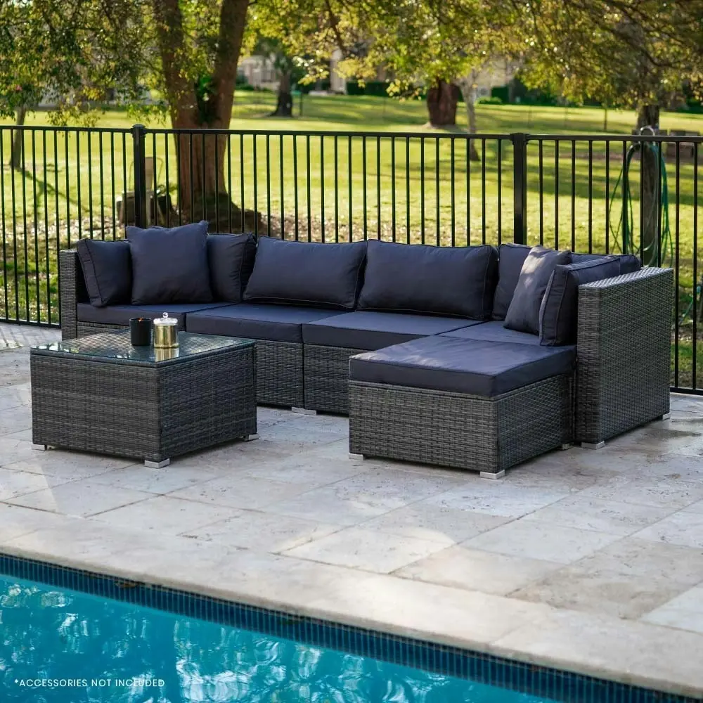 London Rattan 5 Seater Modular Outdoor Lounge Setting with Coffee Table, Ottoman, Grey