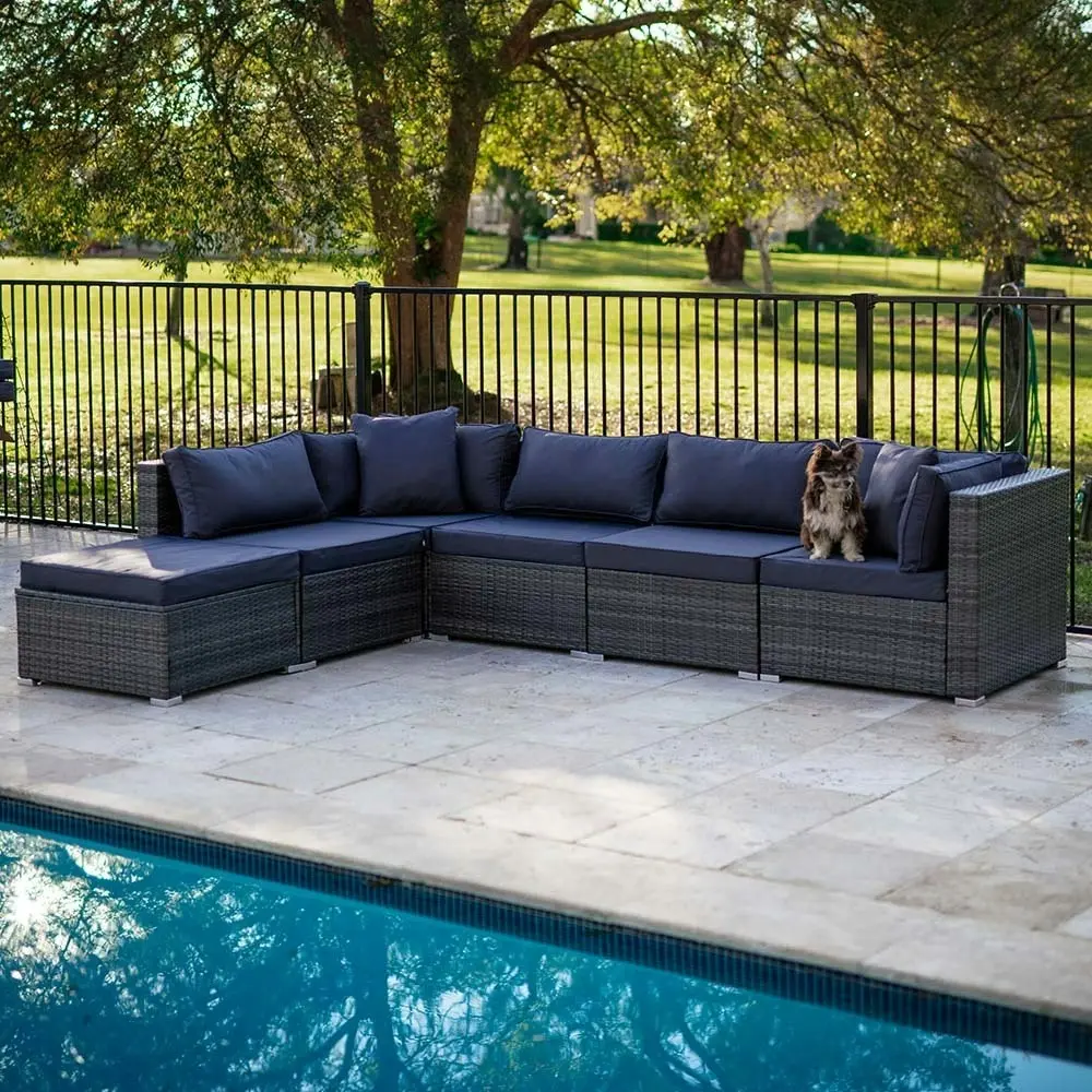 London Rattan 6 Seater Modular Outdoor Lounge Setting with Ottoman, Grey