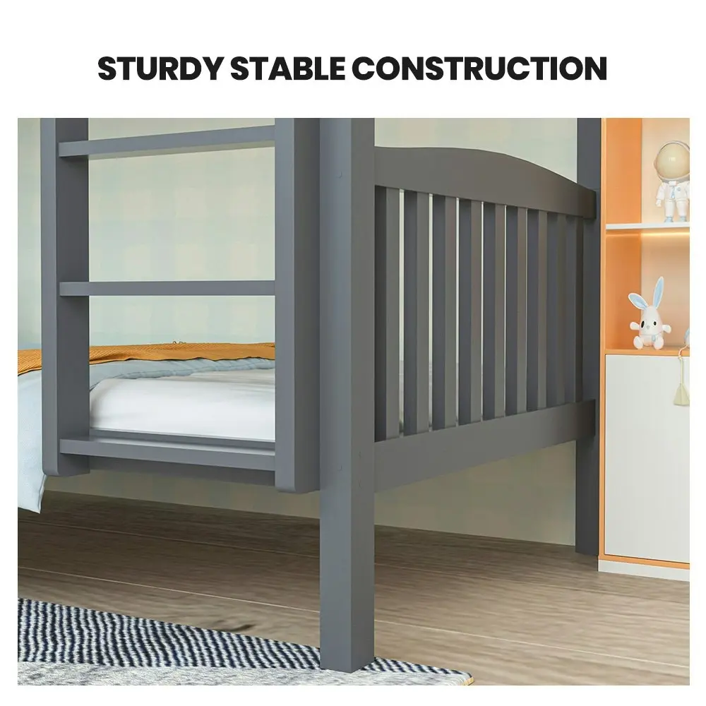 Kingston Slumber Single Bunk Bed Frame Solid Pine Wood Timber, Modular Design, Grey