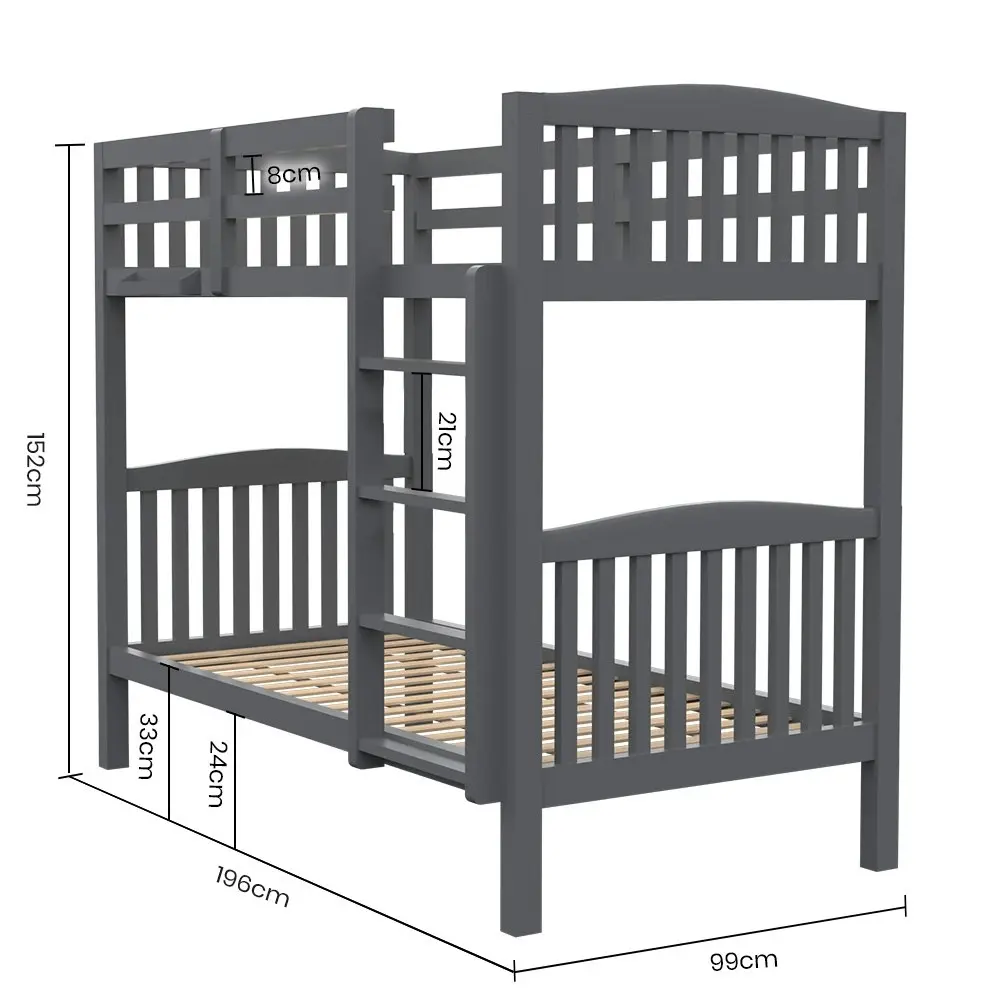 Kingston Slumber Single Bunk Bed Frame Solid Pine Wood Timber, Modular Design, Grey