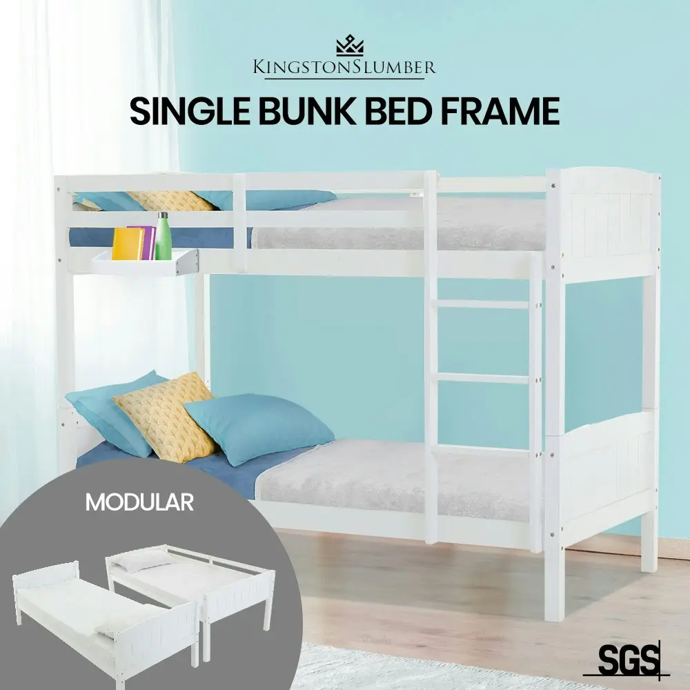 Kingston Slumber Single Bunk Bed Frame Solid Pine Wood Timber, Modular Design, White