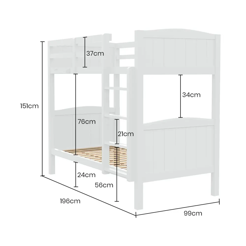 Kingston Slumber Single Bunk Bed Frame Solid Pine Wood Timber, Modular Design, White