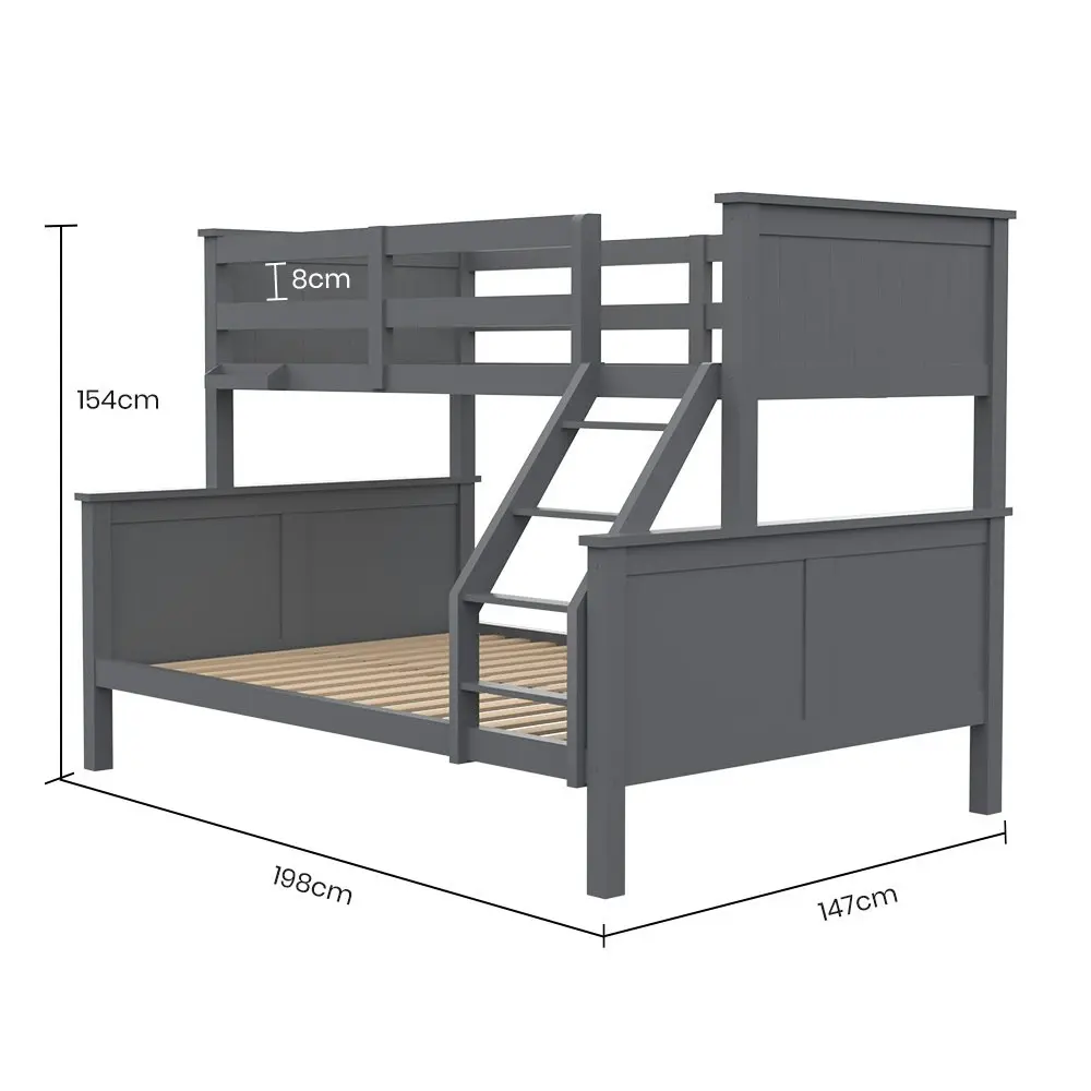 Kingston Slumber Triple Wooden Single Over Double Bunk Bed Frame for Kids, Convertible Design, Grey