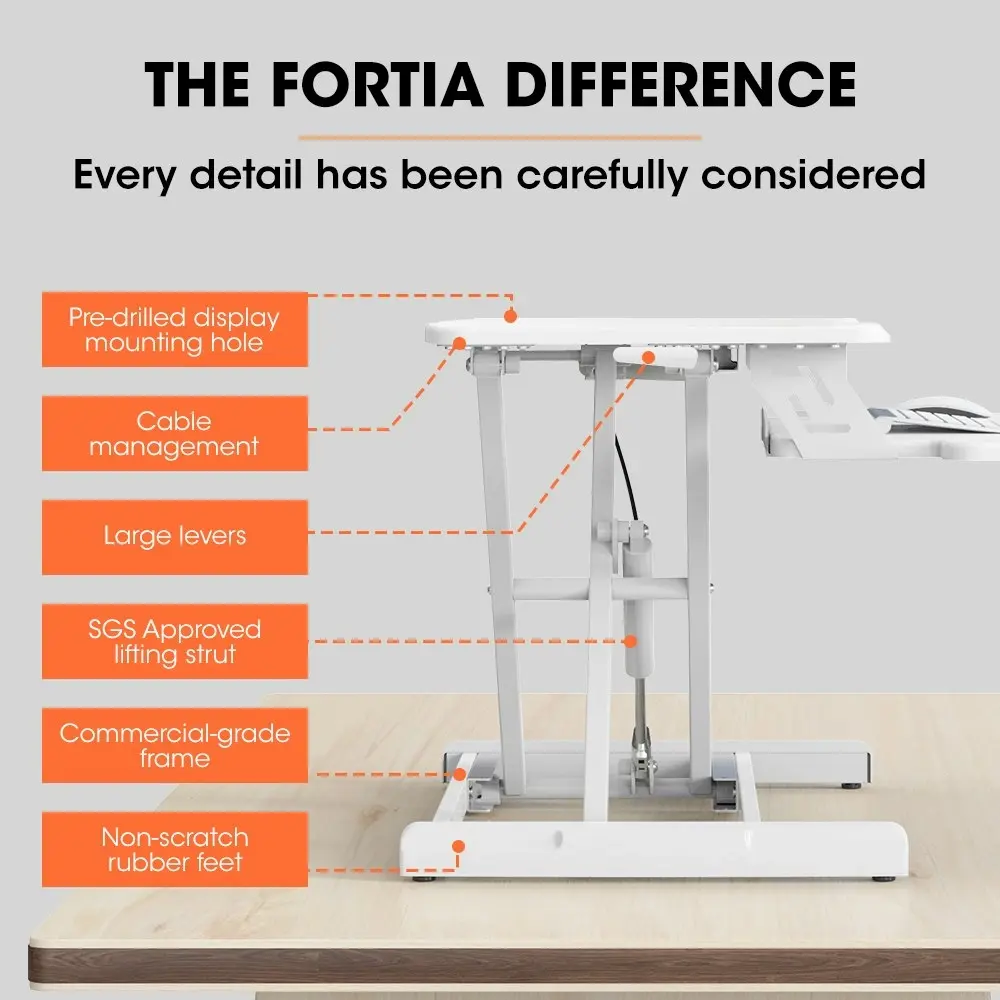 Fortia Desk Riser 77cm Wide Adjustable Sit to Stand for Dual Monitor, Keyboard, Laptop, White