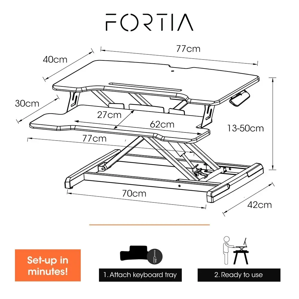 Fortia Desk Riser 77cm Wide Adjustable Sit to Stand for Dual Monitor, Keyboard, Laptop, White