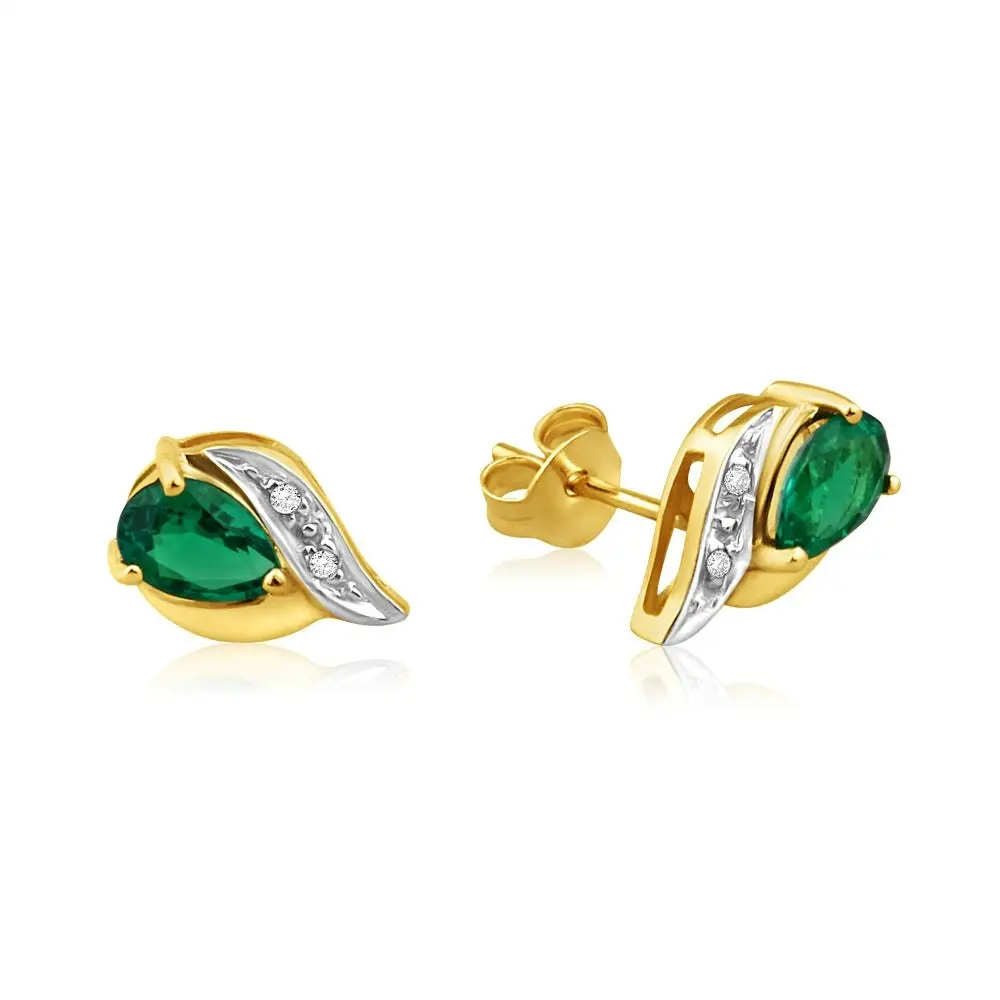 9ct Alluring Yellow Gold Created Emerald + Diamond Stud Earrings