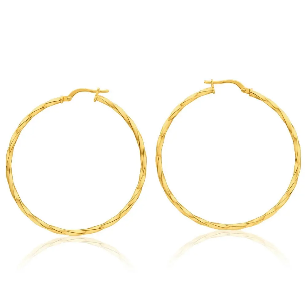 9ct Yellow Gold Silver Filled Twist 40mm Hoop Earrings