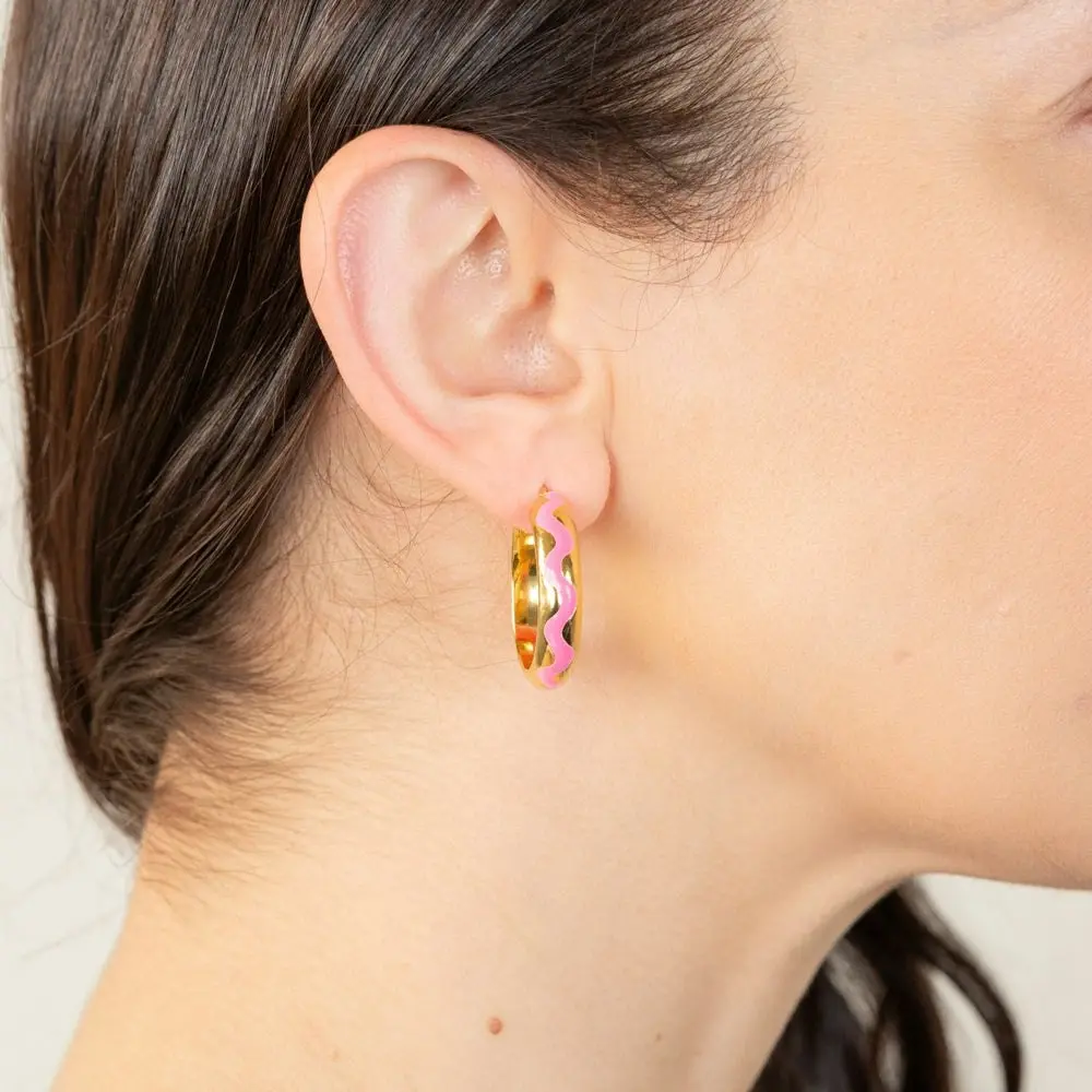 Sterling Silver Gold Plated Pink Enamel Hoop Earrings