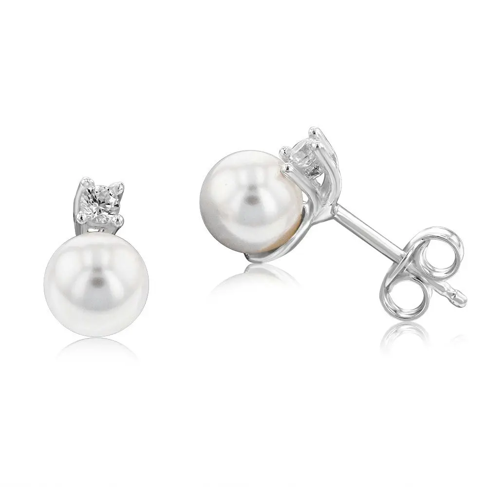 Sterling Silver Synthetic Pearl And Cubic Zirconia Pendant &  Earrings Set