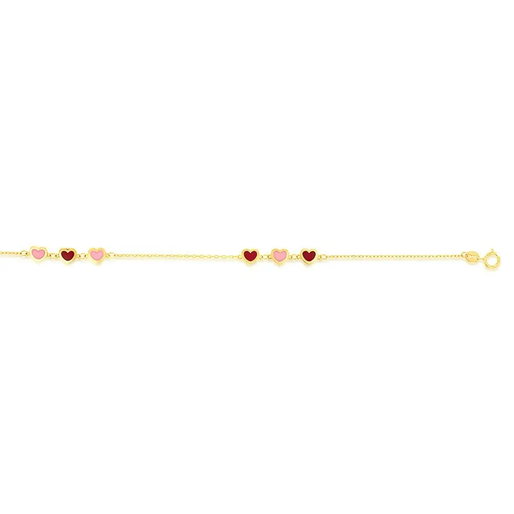 9ct Yellow Gold Red And Pink Heart 25cm Anklet