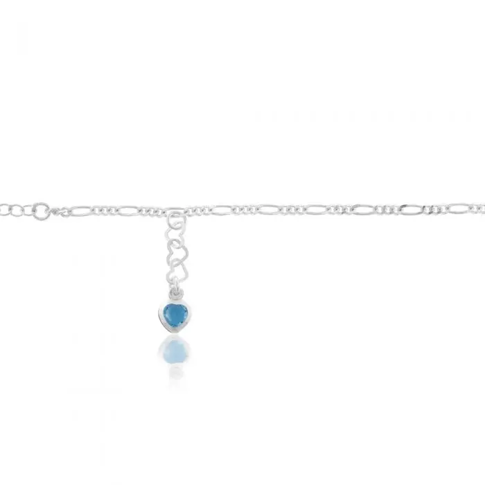 Sterling Silver Blue Heart Charm 25cm Figaro Anklet