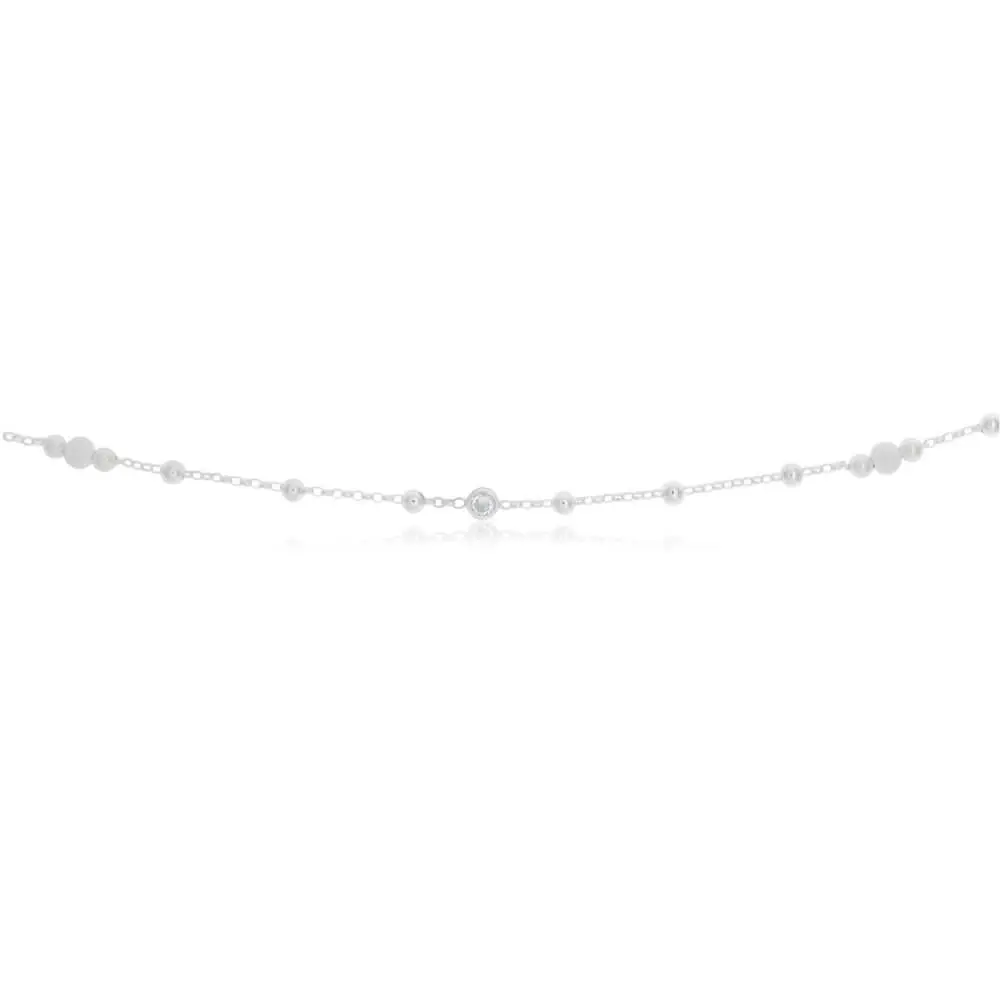 Sterling Silver Zirconia and Plain and Stardust Ball 26cm Anklet