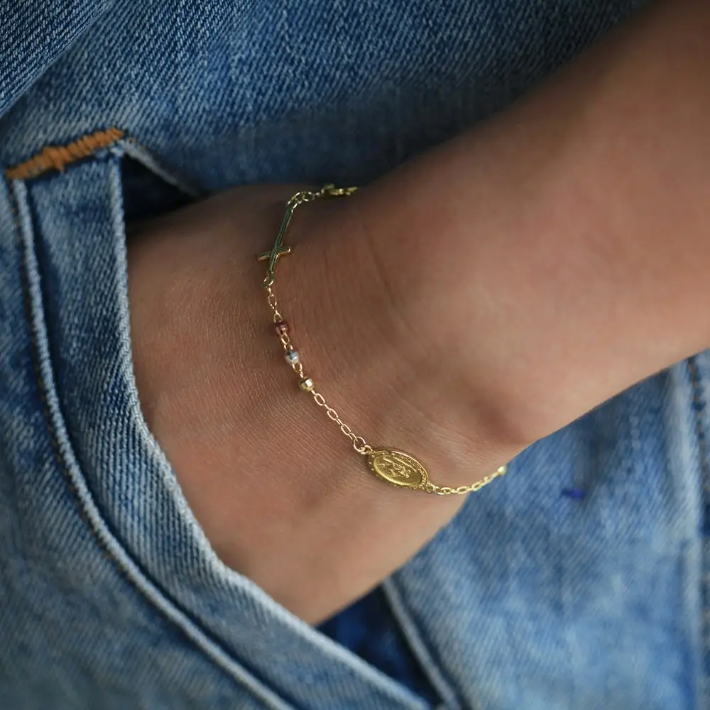 Sterling Silver and Gold Plated Oval Medallion and Cross Bracelet