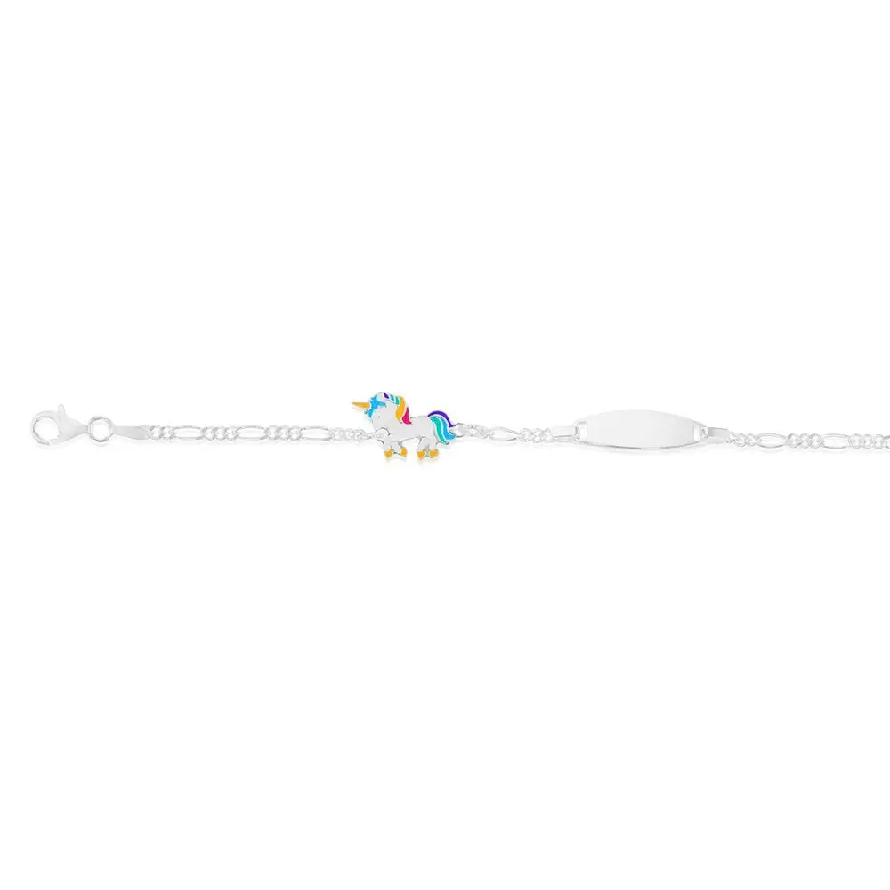 Sterling Silver Coloured Unicorn On Figaro 16cm Baby Bracelet