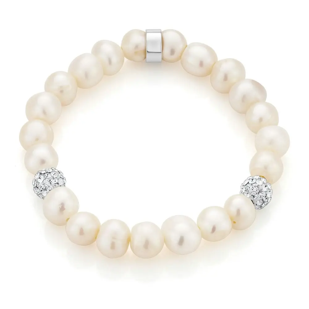 White 8-8.5mm Freshwater Pearl, Crystal and Charm Bracelet