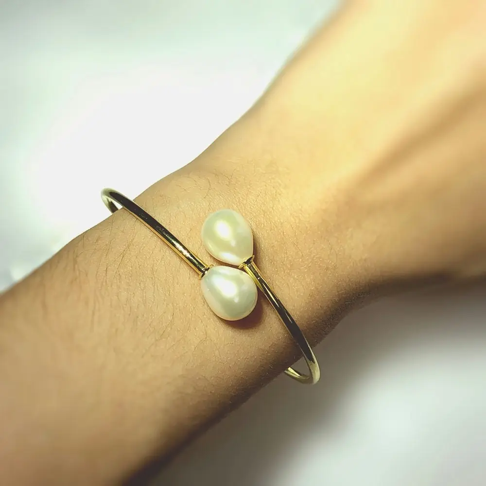 Sterling Silver Gold Plated 8-10mm Freshwater Pearl Bangle