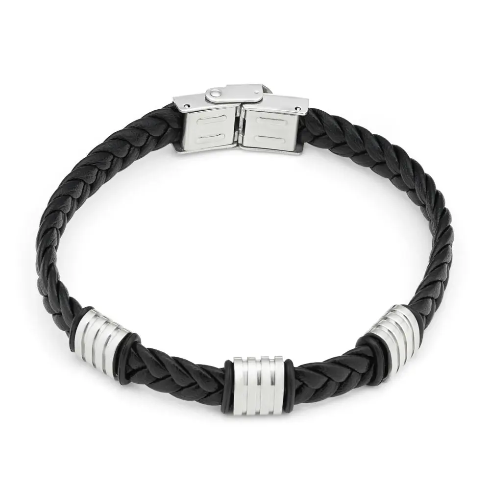 Stainless Steel Black Leather Bracelet