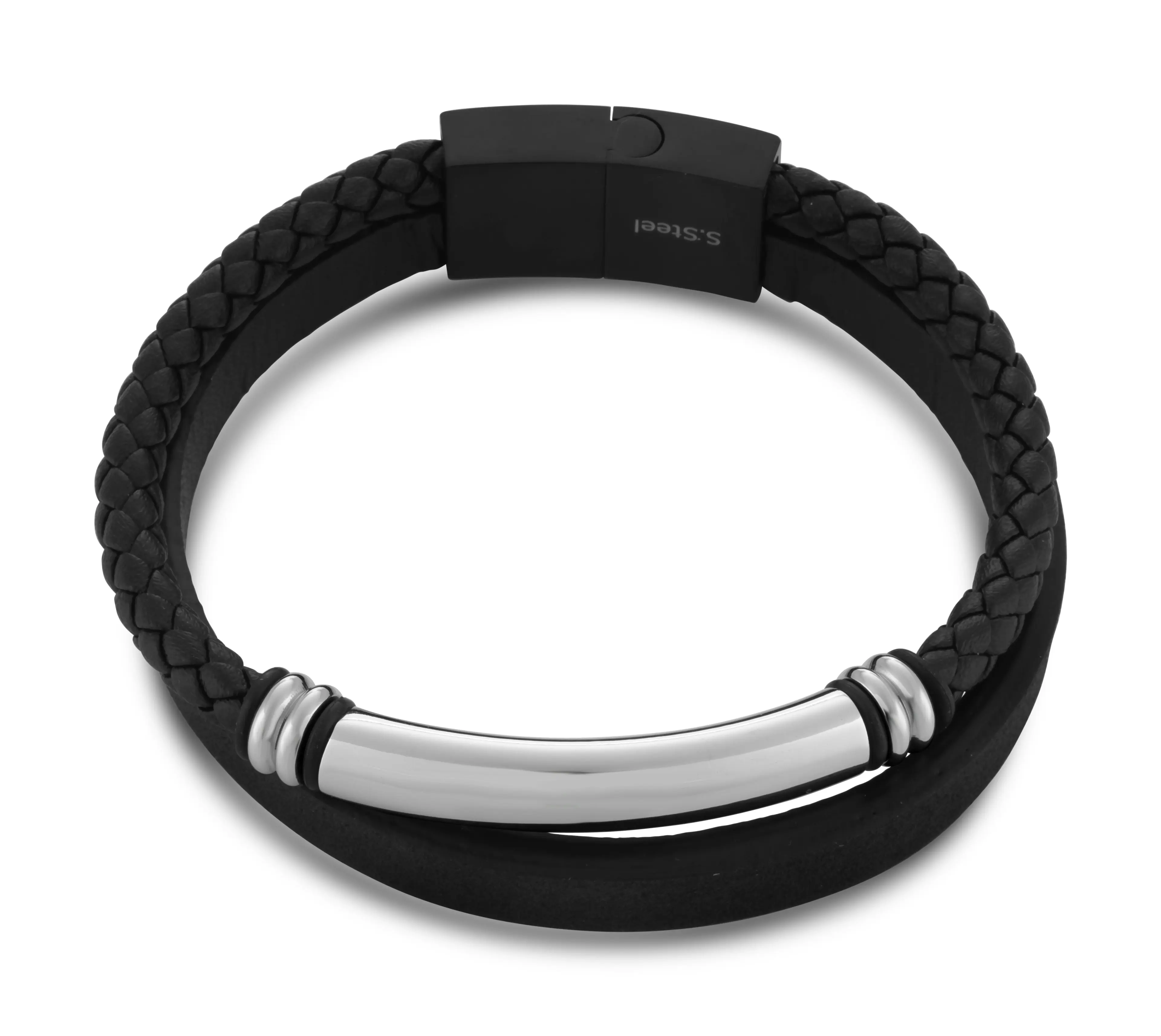 Stainless Steel 22cm Gents Leather Magnetic Clasp Bracelet with I.D. Plate