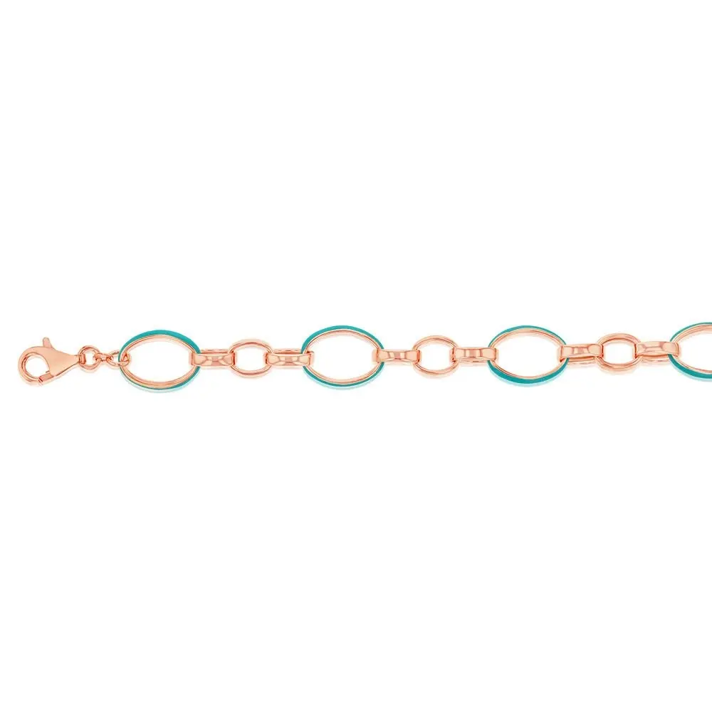 Sterling Silver Rose Gold Plated Blue Eanmel Fancy 19cm Bracelet