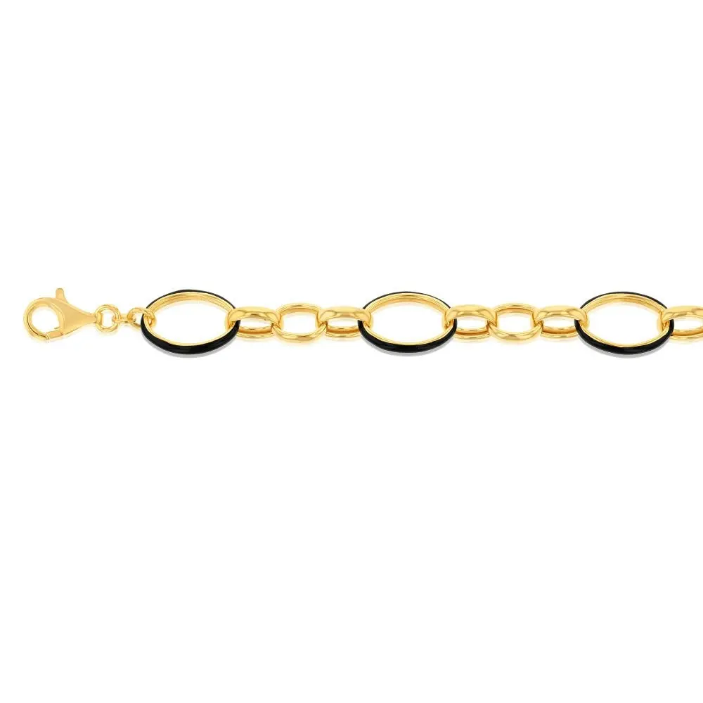 Sterling Silver Gold Plated Black Enamel Fancy 19cm Bracelet