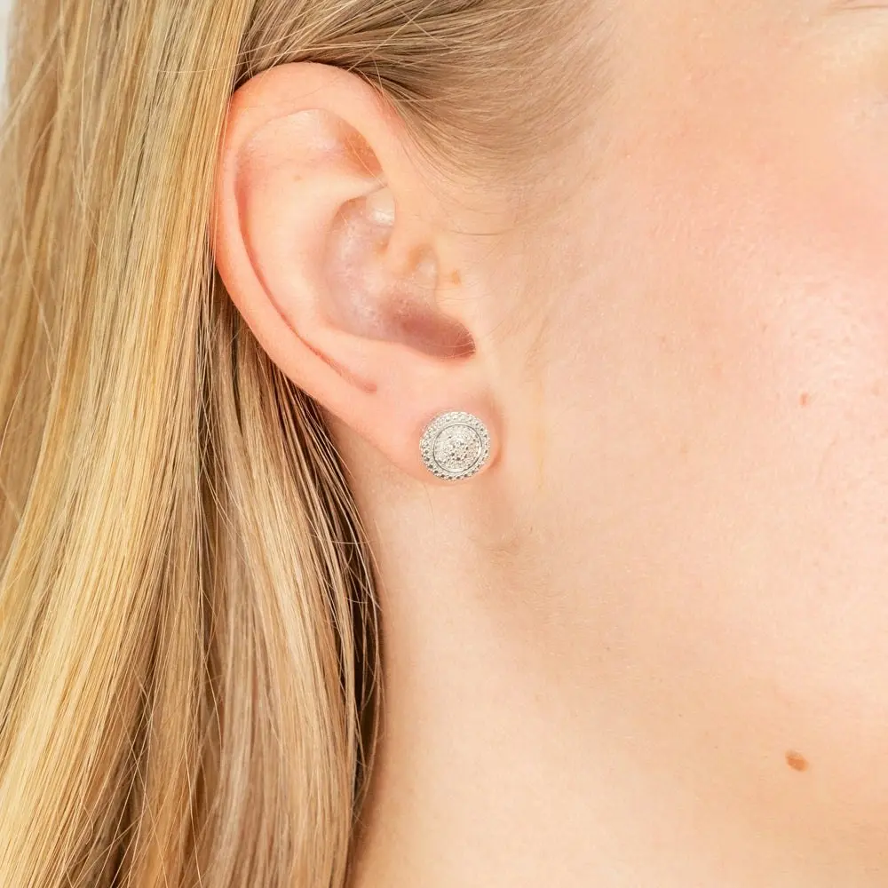 Sterling Silver with 2 Diamonds Round Shape Earring Studs